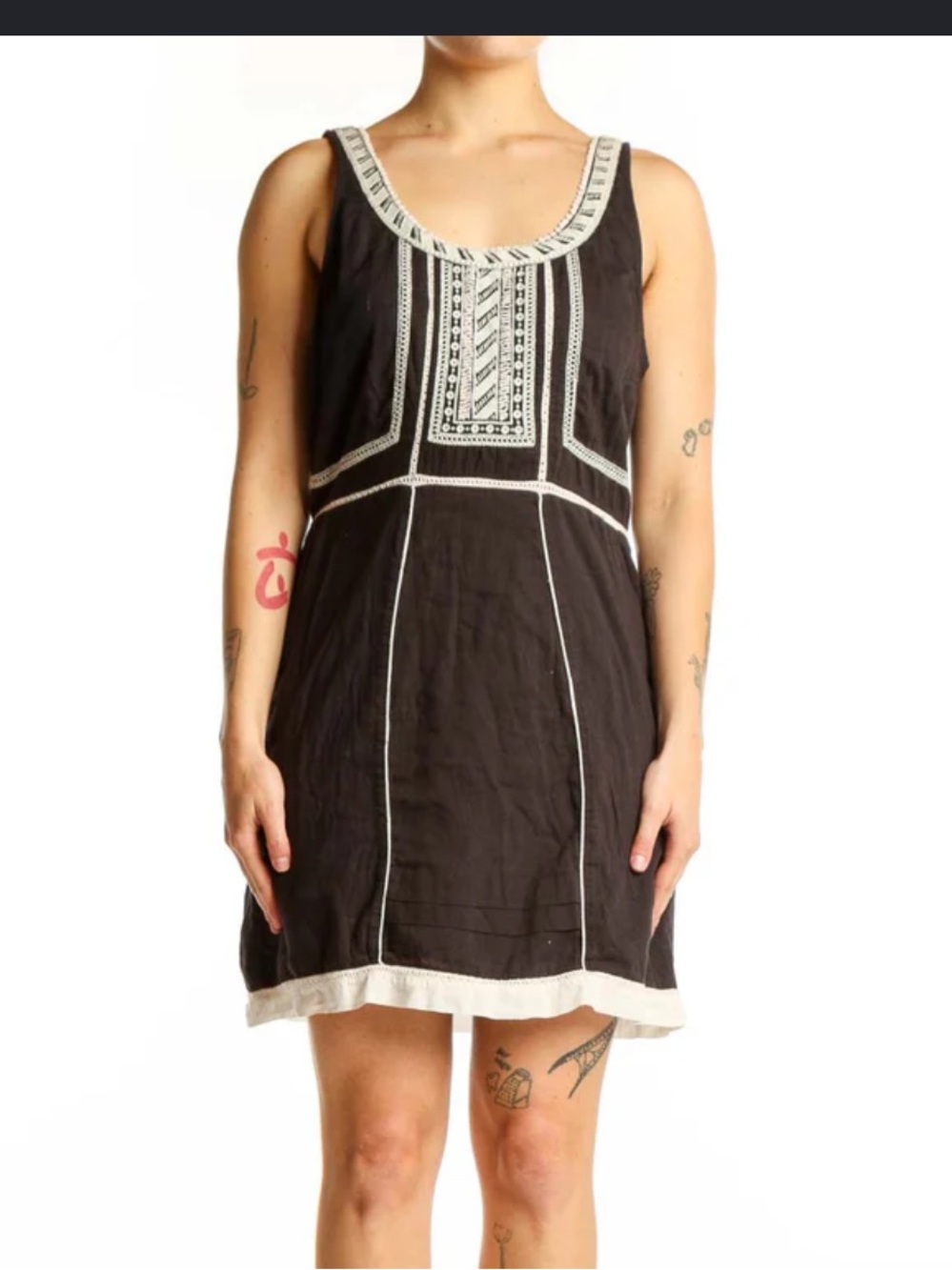 Free People Black Mini Dress with White Embroidered Trim